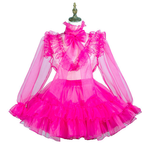 Fondcosplay Hot Pink Organza Lockable Sissy Maid Dress with Ruffle Skirt – Crossdressing Outfit [G3732]