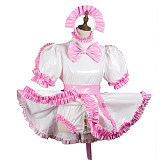 Fondcosplay White & Pink Thin PVC Lockable Sissy Maid Dress with Panties and Headpiece – Crossdressing Outfit [G3711]
