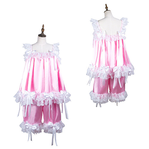 Fondcosplay Pink Satin Sissy Maid Babydoll Set with Lace and Bows – Crossdressing Lingerie Outfit [G3725]