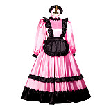 Fondcosplay Pink & Black Satin Lockable Long Sissy Maid Dress with Apron and Headpiece – Crossdressing Outfit [G3735]