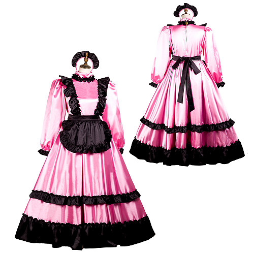 Fondcosplay Pink & Black Satin Lockable Long Sissy Maid Dress with Apron and Headpiece – Crossdressing Outfit [G3735]