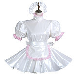 Fondcosplay White Thin PVC Lockable Sissy Maid Dress with Pink Trim, Apron and Headpiece – Crossdressing Outfit [G3744]
