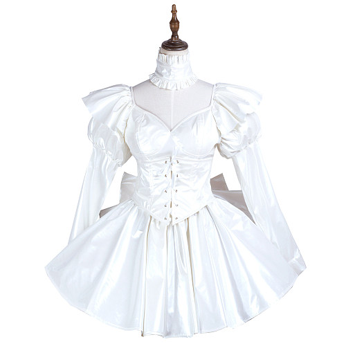 Fondcosplay White Faux Leather Lockable Sissy Maid Dress with Puff Sleeves and Bow – Crossdressing Outfit [G3738]