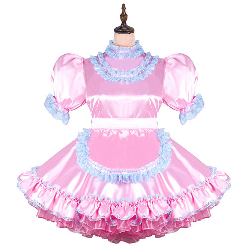 Fondcosplay Lockable Sissy Maid Satin Crossdressing Dress Pink Blue [G2450]
