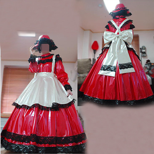 Fondcosplay Lockable Sissy Maid Thin PVC Crossdressing Dress Red White Black and Bonnet [G2472]