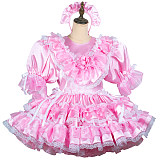 Fondcosplay Lockable Pink Satin Sissy Maid Dress with Ruffle Skirt and Chest Flower [G2431]