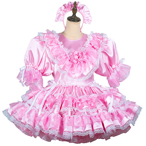 Fondcosplay Lockable Pink Satin Sissy Maid Dress with Ruffle Skirt and Chest Flower [G2431]