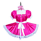 Fondcosplay Hot Pink Satin Lockable Sissy Maid Dress with Lace and Choker – Crossdressing Outfit [G3749]