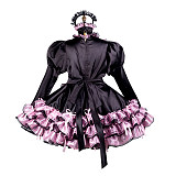Fondcosplay Black & Pink Satin Lockable Sissy Maid Dress with Apron and Headpiece – Crossdressing Outfit [G3729]