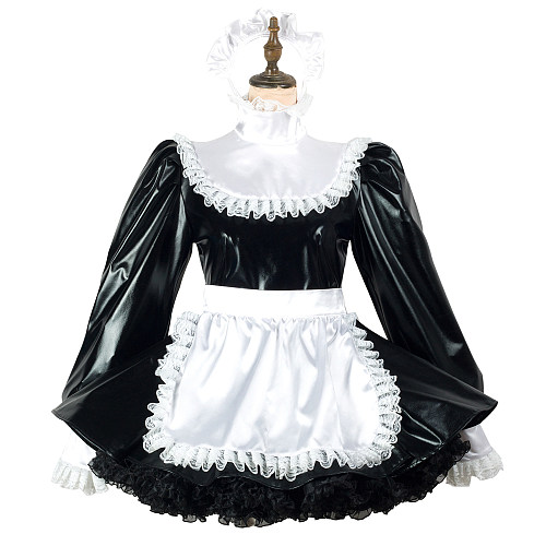 Fondcosplay Lockable Sissy Maid Faux Leather Crossdressing Dress Black White [G2437]
