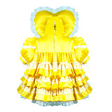 Fondcosplay Yellow Satin Lockable Sissy Maid Dress with Heart Hood – Crossdressing Outfit [G3703]
