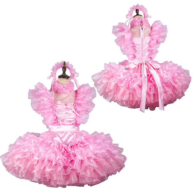 Fondcosplay Lockable Sissy Maid Satin Organza Crossdressing Dress Pink [G2451]