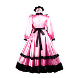 Fondcosplay Pink & Black Satin Lockable Long Sissy Maid Dress with Apron and Headpiece – Crossdressing Outfit [G3735]