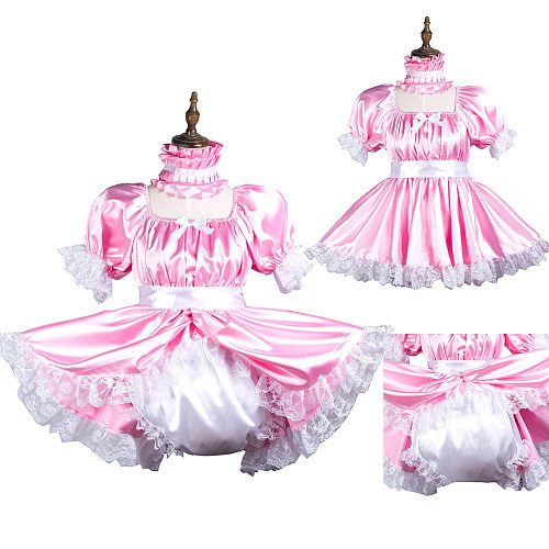 Fondcosplay Pink Satin Lockable Sissy Maid Dress with Panties and Choker – Crossdressing Outfit [G3736]