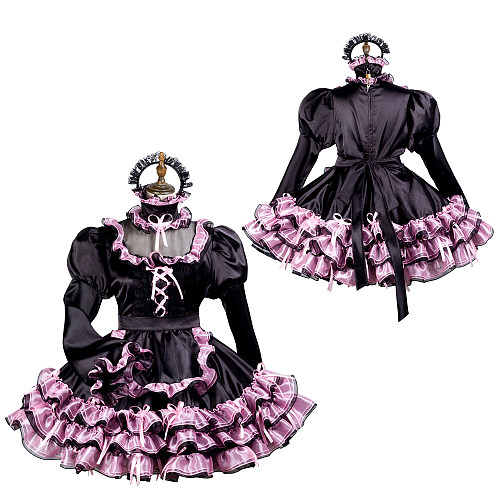 Fondcosplay Black & Pink Satin Lockable Sissy Maid Dress with Apron and Headpiece – Crossdressing Outfit [G3729]