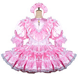 Fondcosplay Lockable Pink Satin Sissy Maid Dress with Ruffle Skirt and Chest Flower [G2431]