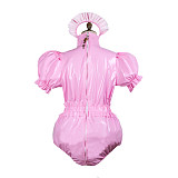 Fondcosplay Pink Thin PVC Lockable Sissy Romper with Puff Sleeves and Headpiece – Crossdressing Outfit [G3743]