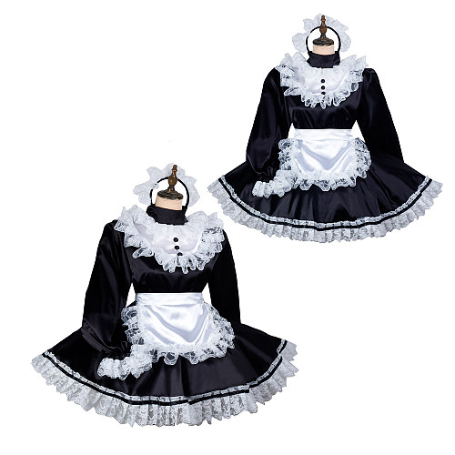 Fondcosplay Lockable Sissy Maid Satin Crossdressing Dress Black White [G2435]