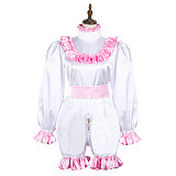 Fondcosplay White & Pink Satin Lockable Sissy Maid Romper – Crossdressing Jumpsuit Outfit [G3720]