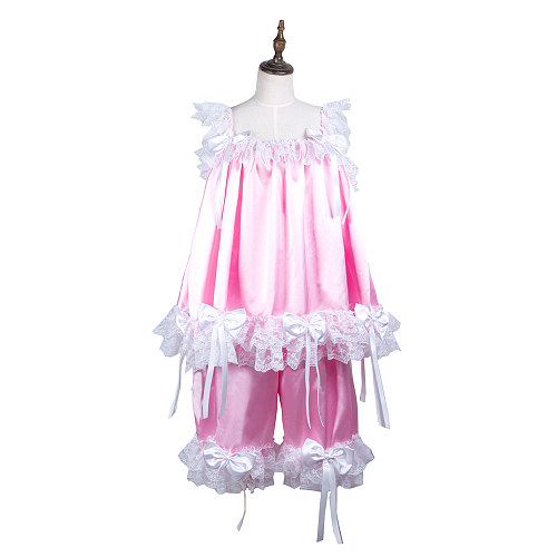 Fondcosplay Pink Satin Sissy Maid Babydoll Set with Lace and Bows – Crossdressing Lingerie Outfit [G3725]