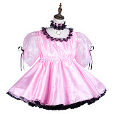 Fondcosplay Pink Satin & Organza Lockable Sissy Maid Dress with Black Lace – Crossdressing Outfit [G3730]