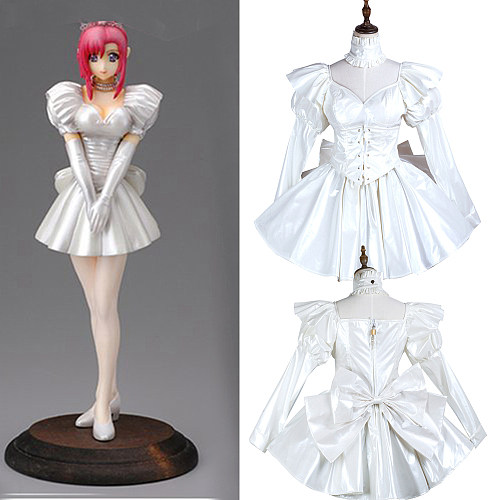 Fondcosplay White Faux Leather Lockable Sissy Maid Dress with Puff Sleeves and Bow – Crossdressing Outfit [G3738]