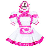 Fondcosplay White & Pink Thin PVC Lockable Sissy Maid Dress with Apron and Headpiece – Crossdressing Outfit [G3709]