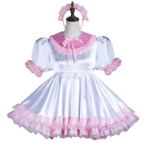 Fondcosplay White & Pink Satin Lockable Sissy Maid Dress with Lace and Headpiece – Crossdressing Outfit [G3745]