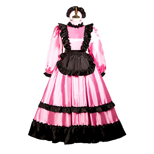 Fondcosplay Pink & Black Satin Lockable Long Sissy Maid Dress with Apron and Headpiece – Crossdressing Outfit [G3735]