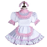 Fondcosplay White Satin Lockable Sissy Maid Dress with Pink Lace, Apron and Headpiece – Crossdressing Outfit [G3746]