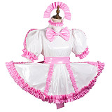 Fondcosplay White & Pink Thin PVC Lockable Sissy Maid Dress with Panties and Headpiece – Crossdressing Outfit [G3711]