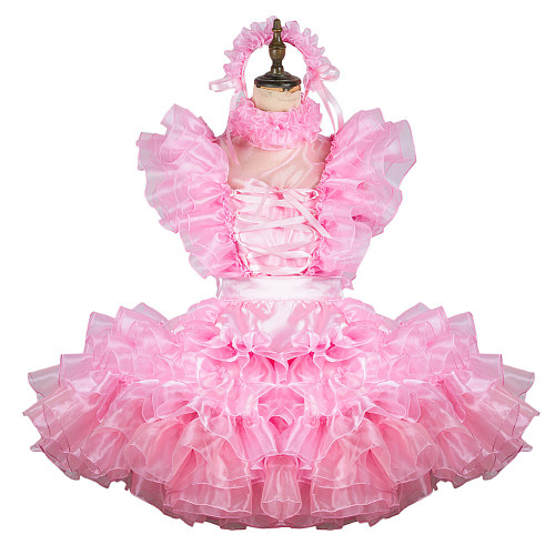 Fondcosplay Lockable Sissy Maid Satin Organza Crossdressing Dress Pink [G2451]
