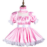 Fondcosplay Pink Satin Lockable Sissy Maid Dress with Panties and Choker – Crossdressing Outfit [G3736]