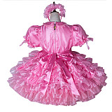 Fondcosplay Pink Satin & Organza Lockable Sissy Ruffled Maid Dress with Headpiece – Crossdressing Outfit [G3748]