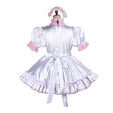 Fondcosplay White Satin Lockable Sissy Maid Dress with Pink Lace, Apron and Headpiece – Crossdressing Outfit [G3746]