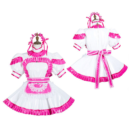 Fondcosplay White & Pink Thin PVC Lockable Sissy Maid Dress with Apron and Headpiece – Crossdressing Outfit [G3709]