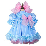 Fondcosplay Lockable Blue Satin and Organza Sissy Maid Dress with Pink Oversized Bows [G2430]