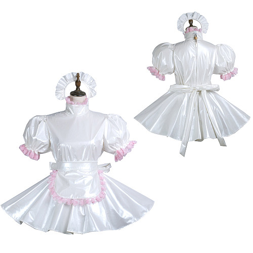 Fondcosplay White Thin PVC Lockable Sissy Maid Dress with Pink Trim, Apron and Headpiece – Crossdressing Outfit [G3744]