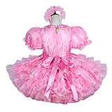 Fondcosplay Pink Satin & Organza Lockable Sissy Ruffled Maid Dress with Headpiece – Crossdressing Outfit [G3748]