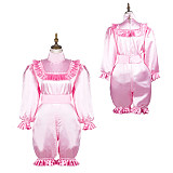 Fondcosplay Pink Satin Lockable Sissy Maid Romper – Crossdressing Jumpsuit Outfit [G3705]