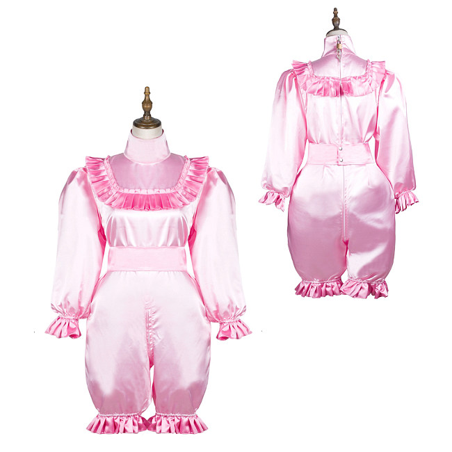 Fondcosplay Pink Satin Lockable Sissy Maid Romper – Crossdressing Jumpsuit Outfit [G3705]