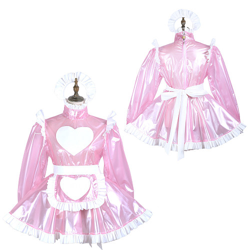 Fondcosplay Pink Clear PVC Lockable Sissy Maid Dress with Heart Apron and Headpiece – Crossdressing Outfit [G3717]