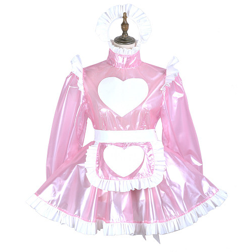 Fondcosplay Pink Clear PVC Lockable Sissy Maid Dress with Heart Apron and Headpiece – Crossdressing Outfit [G3717]