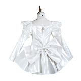 Fondcosplay White Faux Leather Lockable Sissy Maid Dress with Puff Sleeves and Bow – Crossdressing Outfit [G3738]