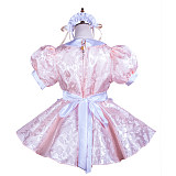 Fondcosplay Pink Satin Lockable Sissy Maid Dress with Apron and Headpiece – Crossdressing Outfit [G3710]