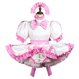 Fondcosplay White & Pink Thin PVC Lockable Sissy Maid Dress with Panties and Headpiece – Crossdressing Outfit [G3711]