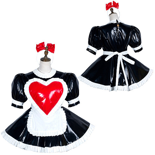 Fondcosplay Black Heavy PVC Lockable Sissy Maid Red Heart Dress with Apron – Crossdressing Outfit [G3750]