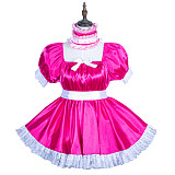 Fondcosplay Hot Pink Satin Lockable Sissy Maid Dress with Lace and Choker – Crossdressing Outfit [G3749]