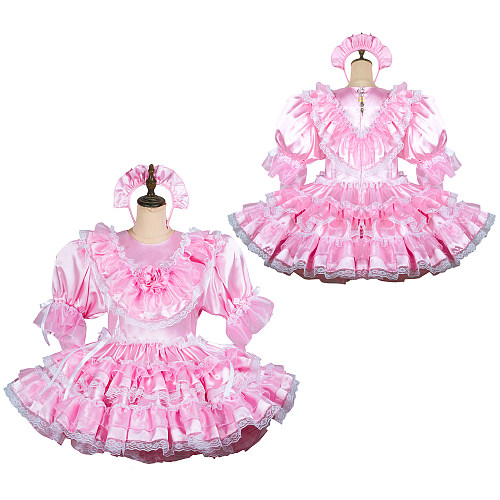 Fondcosplay Lockable Pink Satin Sissy Maid Dress with Ruffle Skirt and Chest Flower [G2431]
