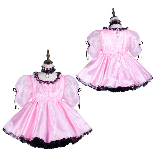Fondcosplay Pink Satin & Organza Lockable Sissy Maid Dress with Black Lace – Crossdressing Outfit [G3730]
